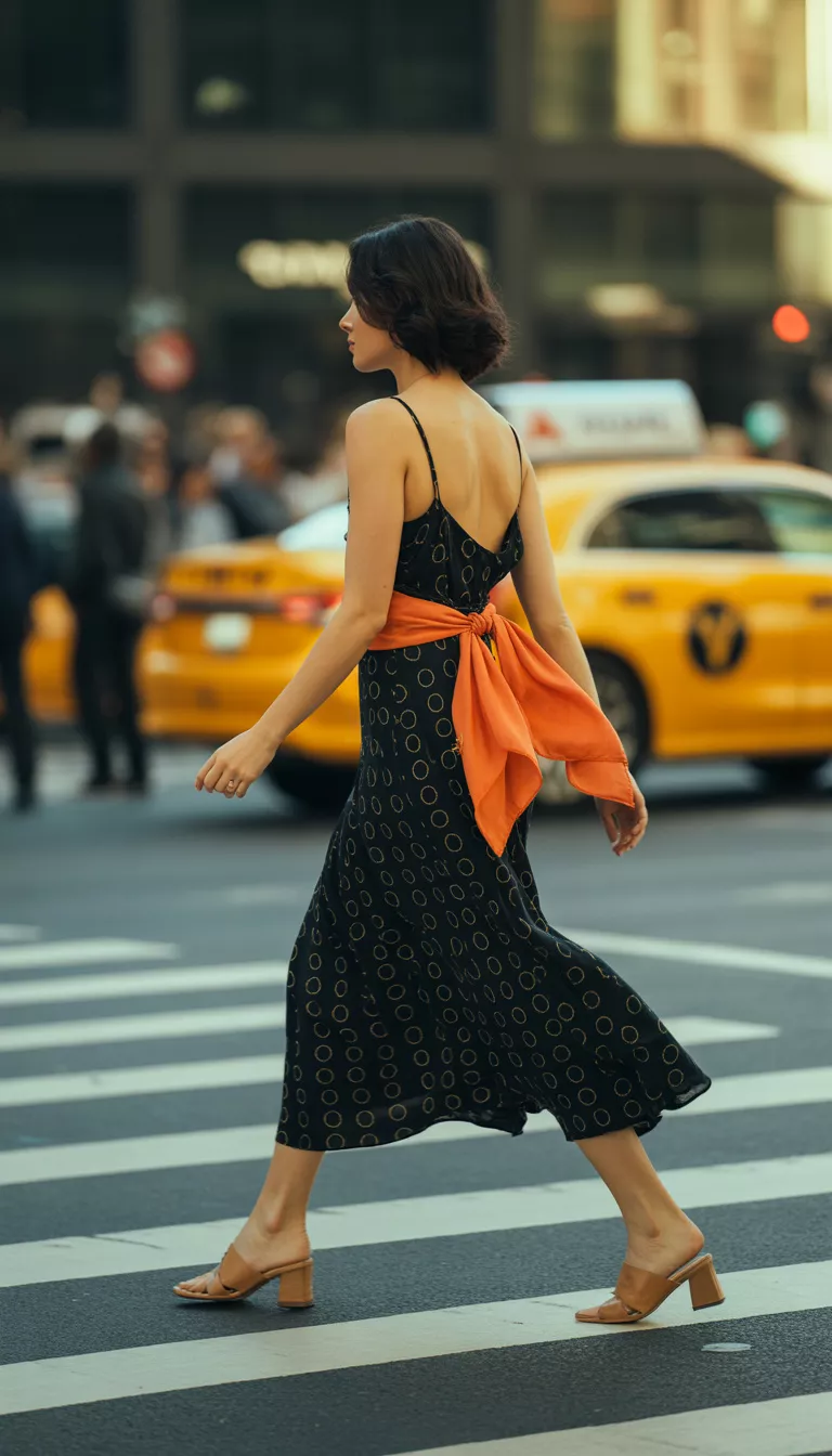 A beautiful woman from a back view wearing a black circle patterned slip dress, a bright orange scarf tied at her lower back, and tan low heeled mules, walking through a city crosswalk.