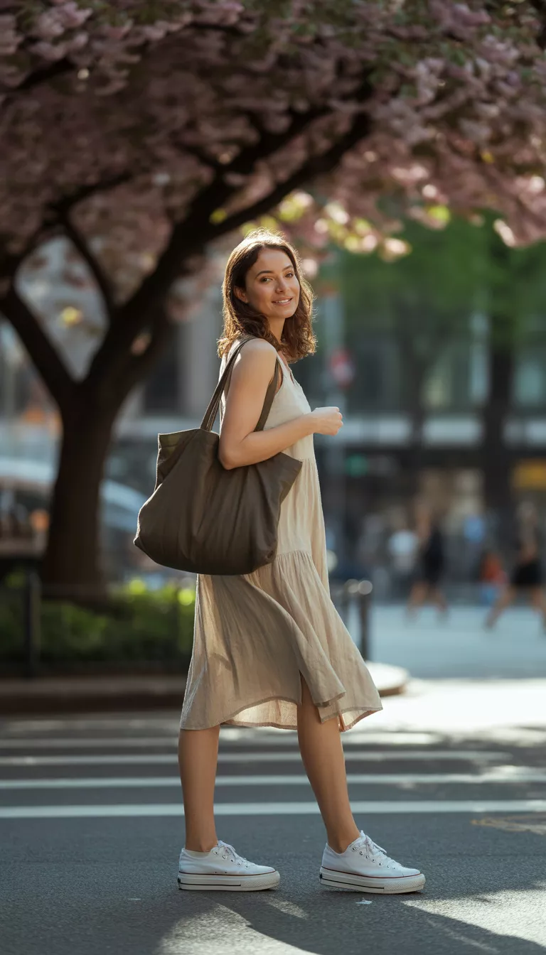A beautiful woman in a beige linen sundress, white platform Converse sneakers, and a large dark brown tote bag, standing under flowering trees on a city crosswalk.