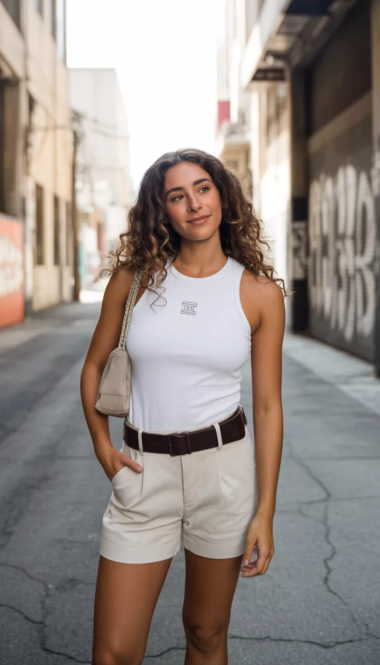 Logo Tank and Cream Shorts A realistic photo of a woman wearing a fitted white tank top with a small logo tucked into high-waisted cream shorts cinched with a brown belt and holding a small beige shoulder bag.