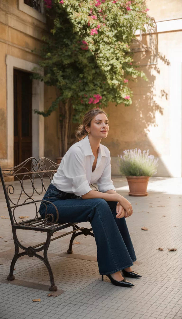White Shirt and Dark Denim A realistic photo of a woman sitting outdoors wearing an unbuttoned white collared shirt with rolled sleeves tucked into dark wide-leg blue jeans and black pointed-toe heels.