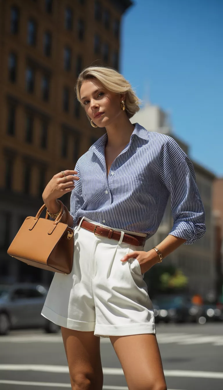 Vertical Stripes and Tan Accessories A realistic photo of a woman wearing a navy and white vertically striped shirt tucked into white high-waisted shorts with a brown leather belt and a structured tan handbag.