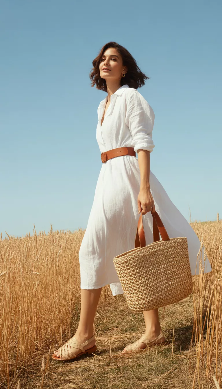 Flowing White Shirt Dress A realistic photo of a woman wearing a flowing white midi-length shirt dress cinched at the waist with a brown leather belt, brown flat sandals, and a large woven tote bag.