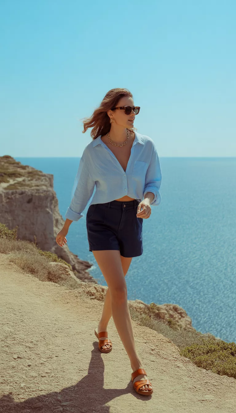 Linen Layers And Navy Shorts A realistic photo of a woman walking along a coastal path wearing a light blue linen shirt open over dark navy high-waisted shorts, paired with amber leather sandals, a gold chain necklace, and dark sunglasses.
