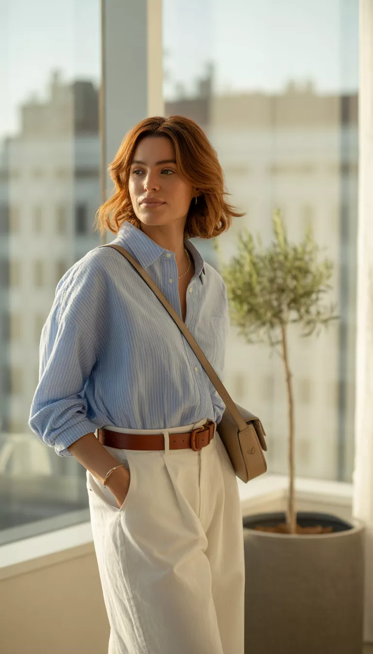 Half Tucked Stripe and Taupe Bag A realistic photo of a woman wearing a loose light blue striped button-down shirt half-tucked into white wide-leg pants with a brown belt and a small taupe bag.