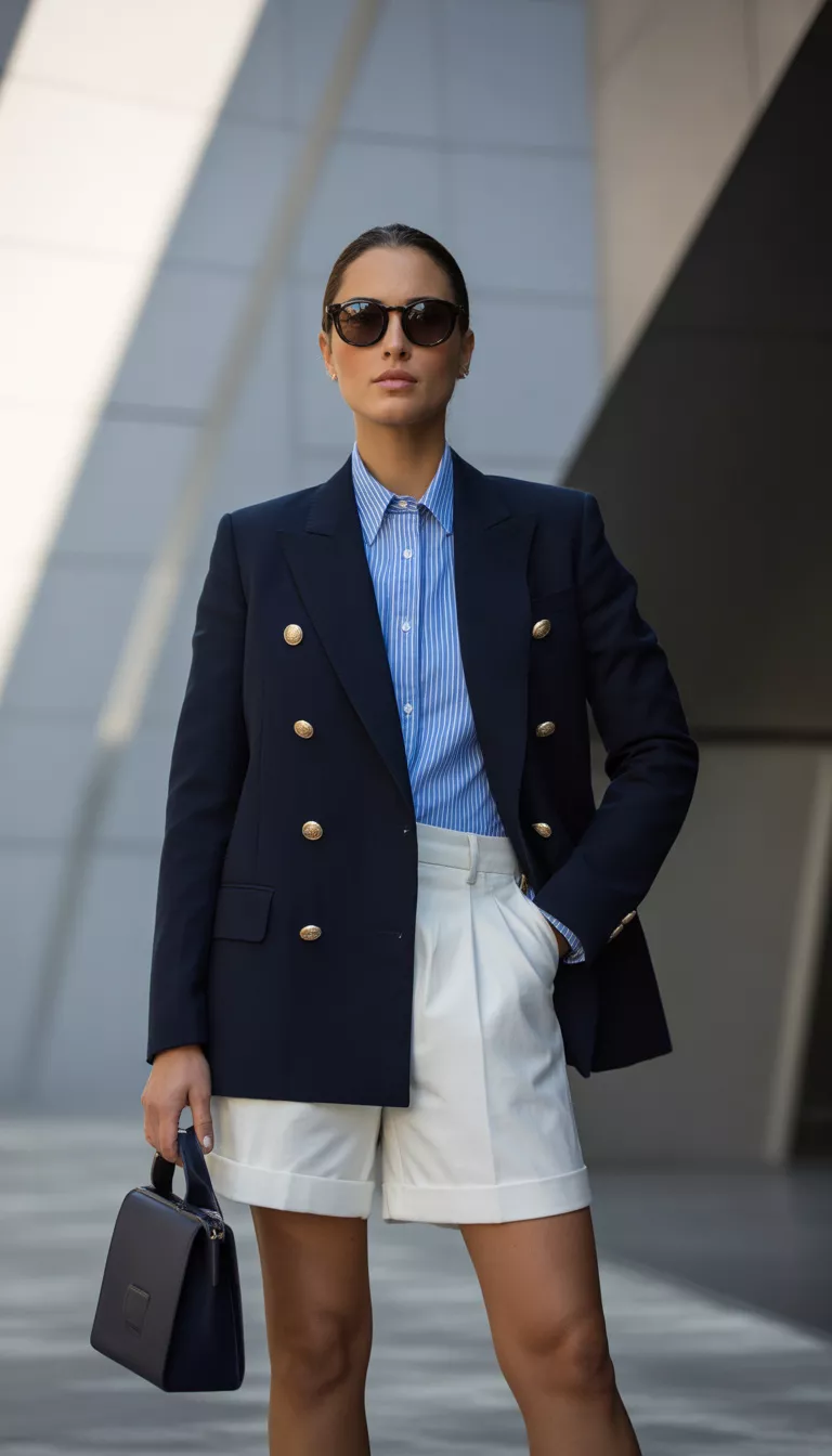 Navy Blazer And Pinstripes A realistic photo of a woman wearing a navy double-breasted blazer with gold buttons over a light blue pinstripe shirt tucked into white shorts with dark sunglasses and a black handbag.