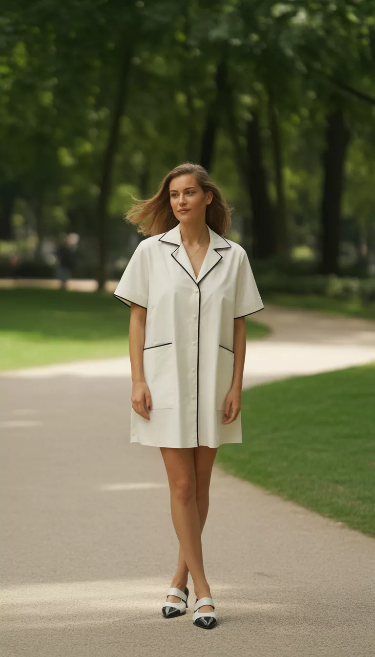 Tweed Style Shirt Dress A realistic photo of a woman wearing a short-sleeve white shirt dress featuring black trim along the collar and pockets, paired with two-tone black and white low-heeled shoes.