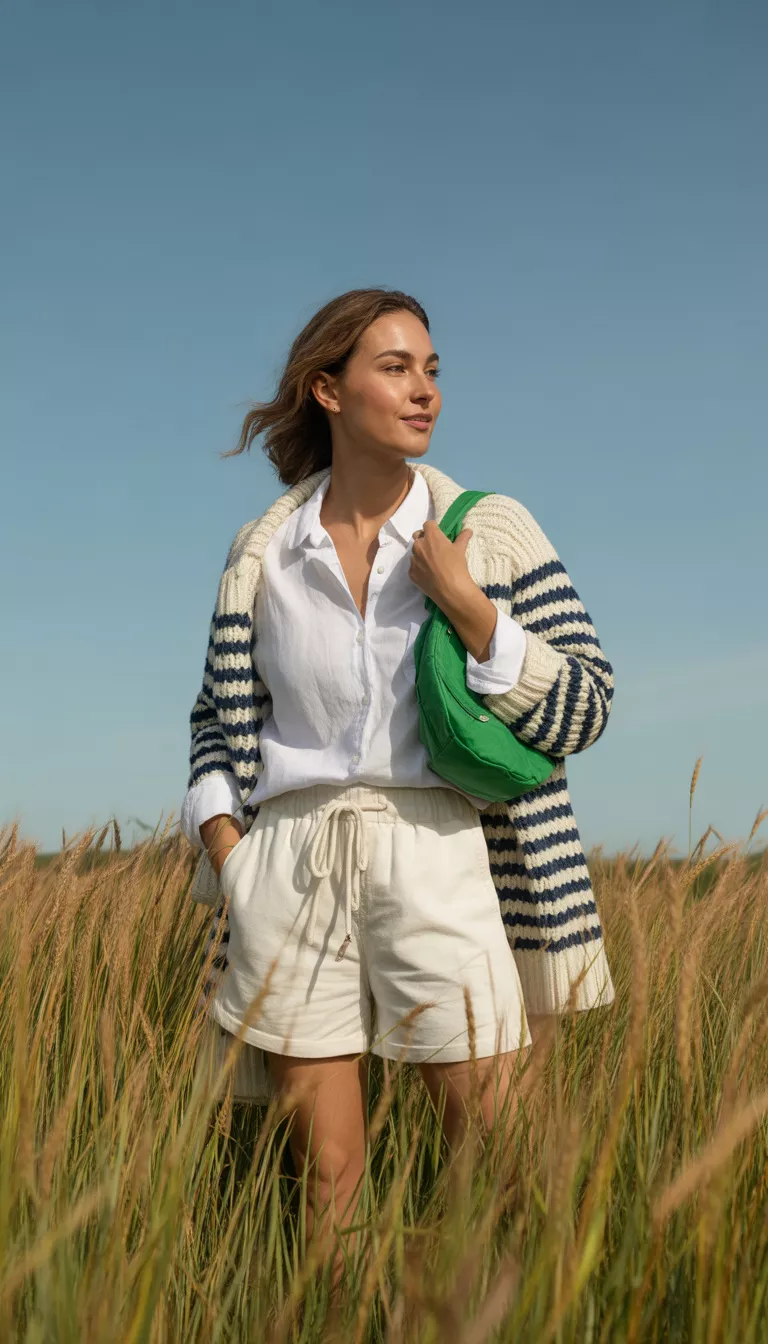All White Attire With A Knit Twist A realistic photo of a woman outdoors wearing a white button-down shirt and relaxed white drawstring shorts with a navy and white striped knit sweater draped over her shoulders and a green mini bag.