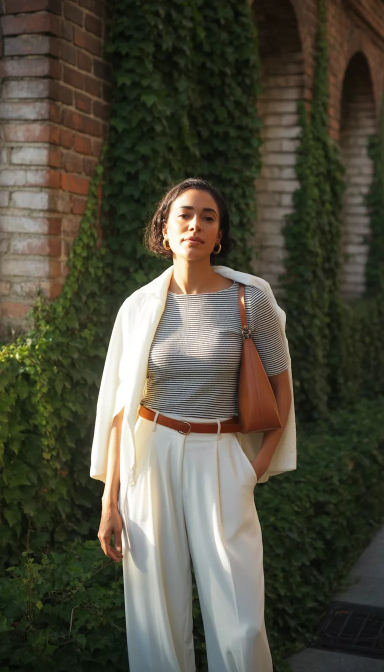Striped Knit and White Trousers A realistic photo of a woman wearing a black and white striped short-sleeve top and white wide-leg trousers with a brown belt, a brown shoulder bag, and a white sweater draped over her shoulders.