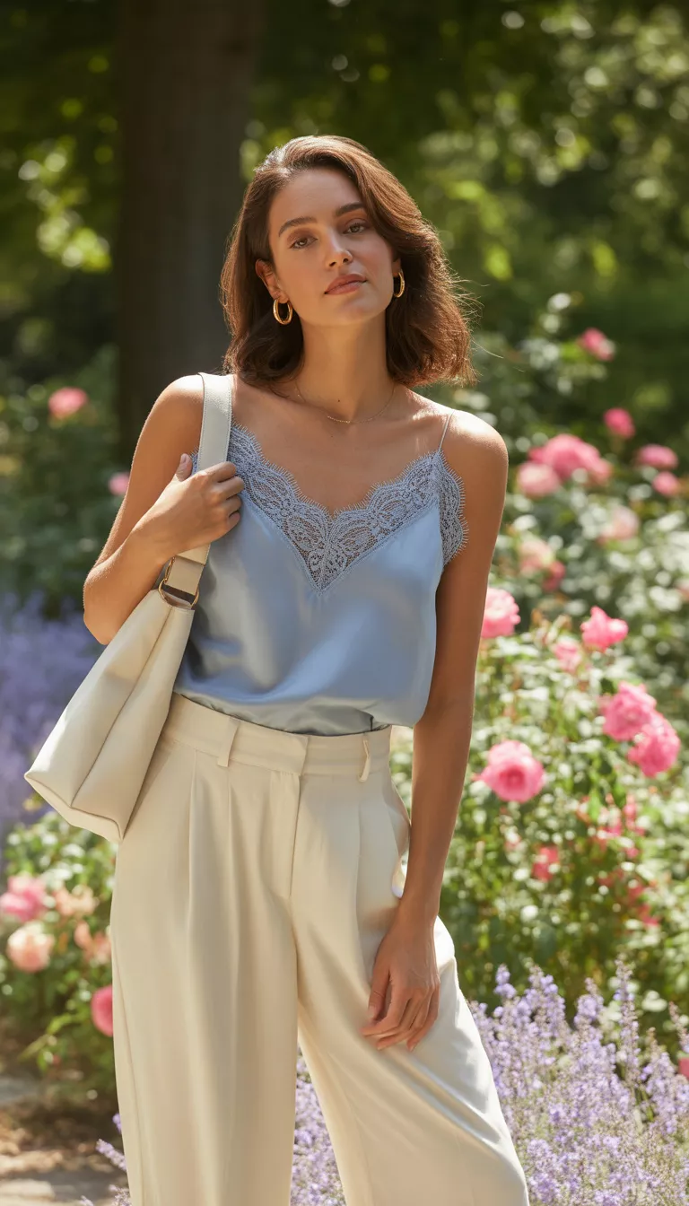 Lace Camisole And Cream Trousers A realistic photo of a woman standing in a sunlit garden wearing a light blue lace-trimmed camisole tucked into high-waisted wide-leg cream trousers, accessorized with small gold earrings and a cream leather shoulder bag.