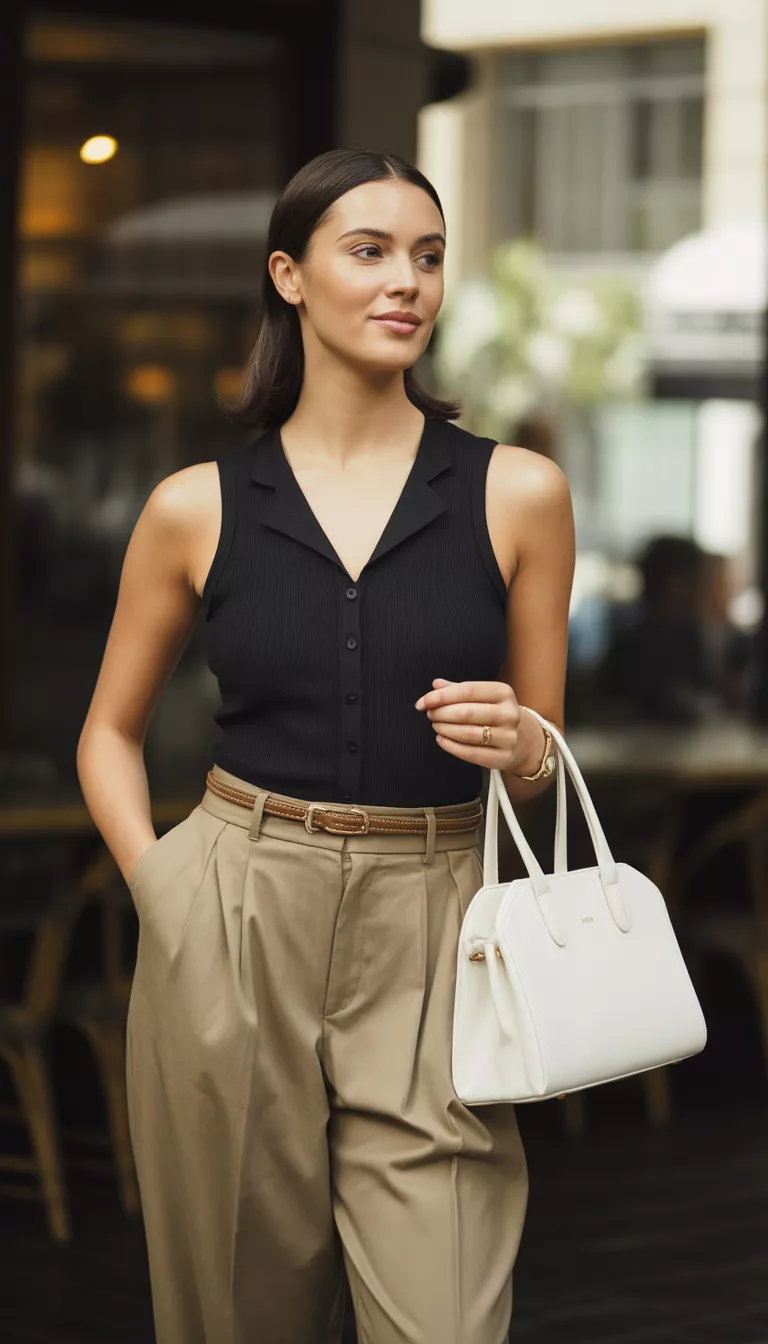 Sleeveless Black Top And Khaki Trousers A realistic photo of a woman posing in a fitted black sleeveless top with buttons tucked into high-waisted pleated khaki trousers with a thin brown leather belt and a white handbag.
