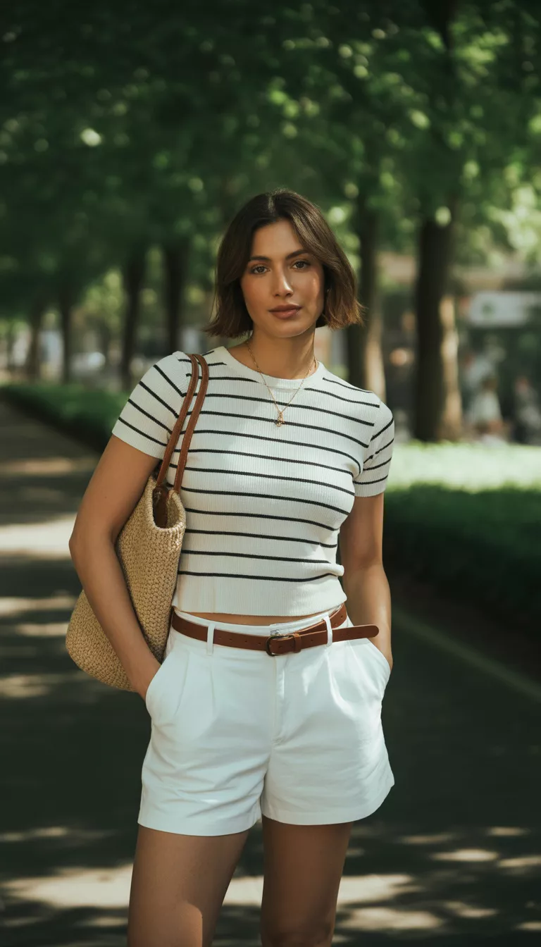 Horizontal Stripes and Woven Bag A realistic photo of a woman wearing a white fitted short-sleeve top with horizontal black stripes tucked into white high-waisted shorts with a brown belt and a woven shoulder bag.