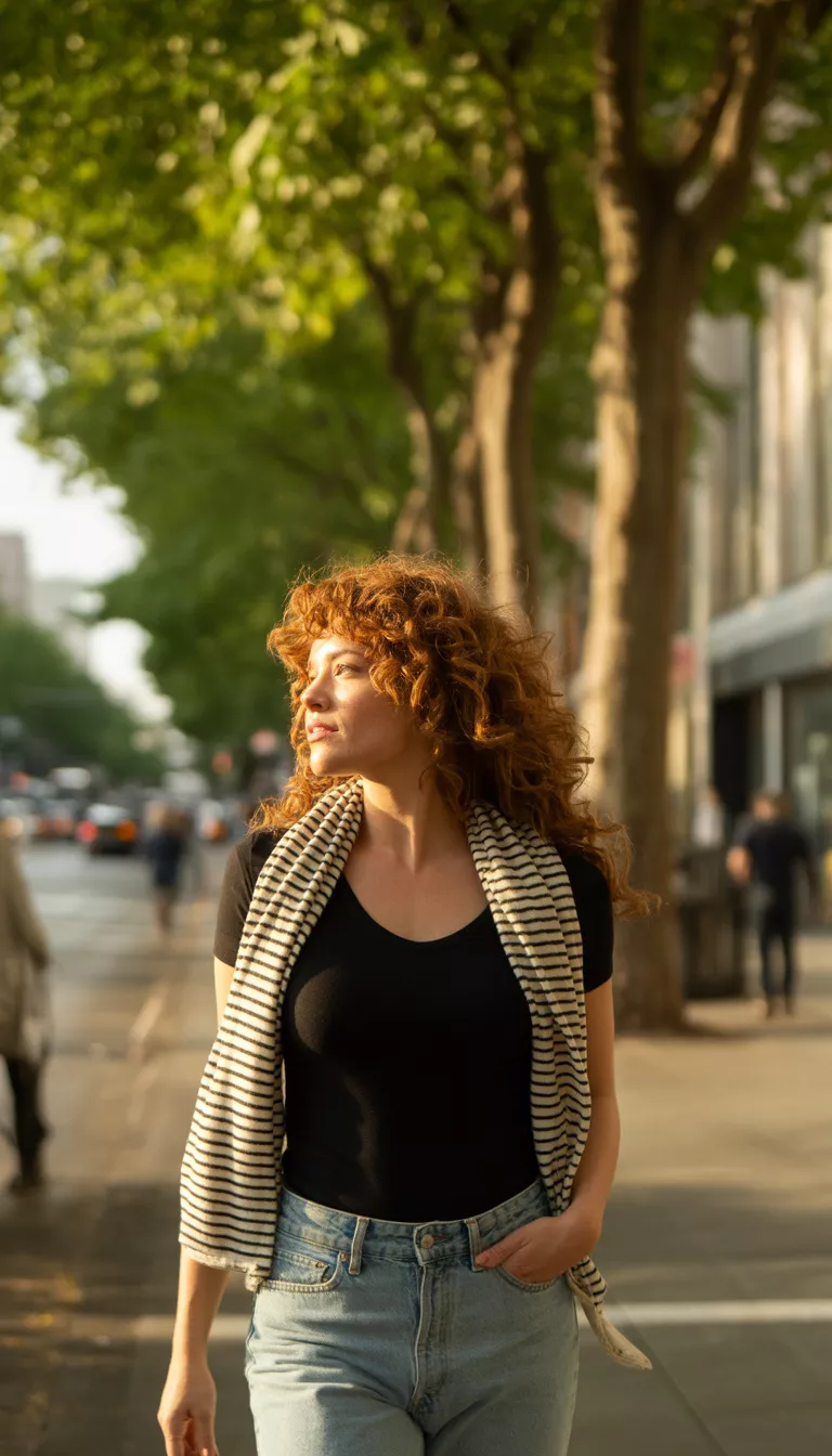 A beautiful woman with curly hair in a black fitted t-shirt, light wash jeans, and a striped scarf, she walks through a tree-lined city street.