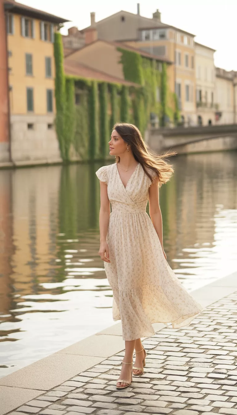 A beautiful woman in a cream floral print midi dress, she walks along a sunny cobblestone riverbank with historic buildings in the background.