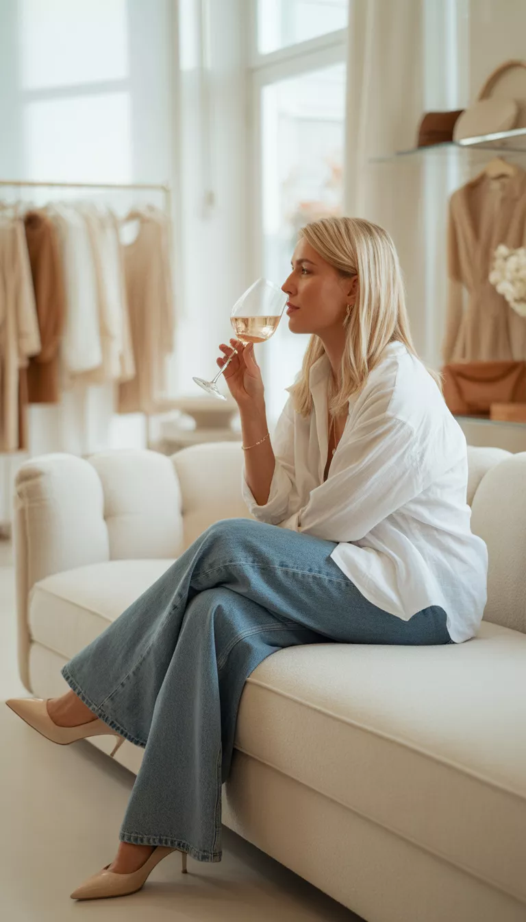 A beautiful blonde woman in an oversized white shirt, wide leg jeans, and nude pointed heels, she sips wine while seated on a sofa in a bright boutique.