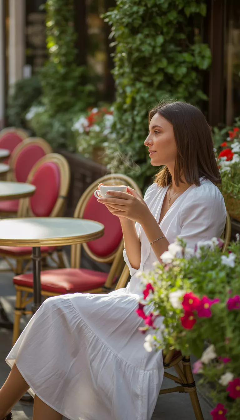 A beautiful woman in a white breezy midi dress, she holds a coffee cup while relaxing in an outdoor cafe surrounded by traditional bistro chairs.