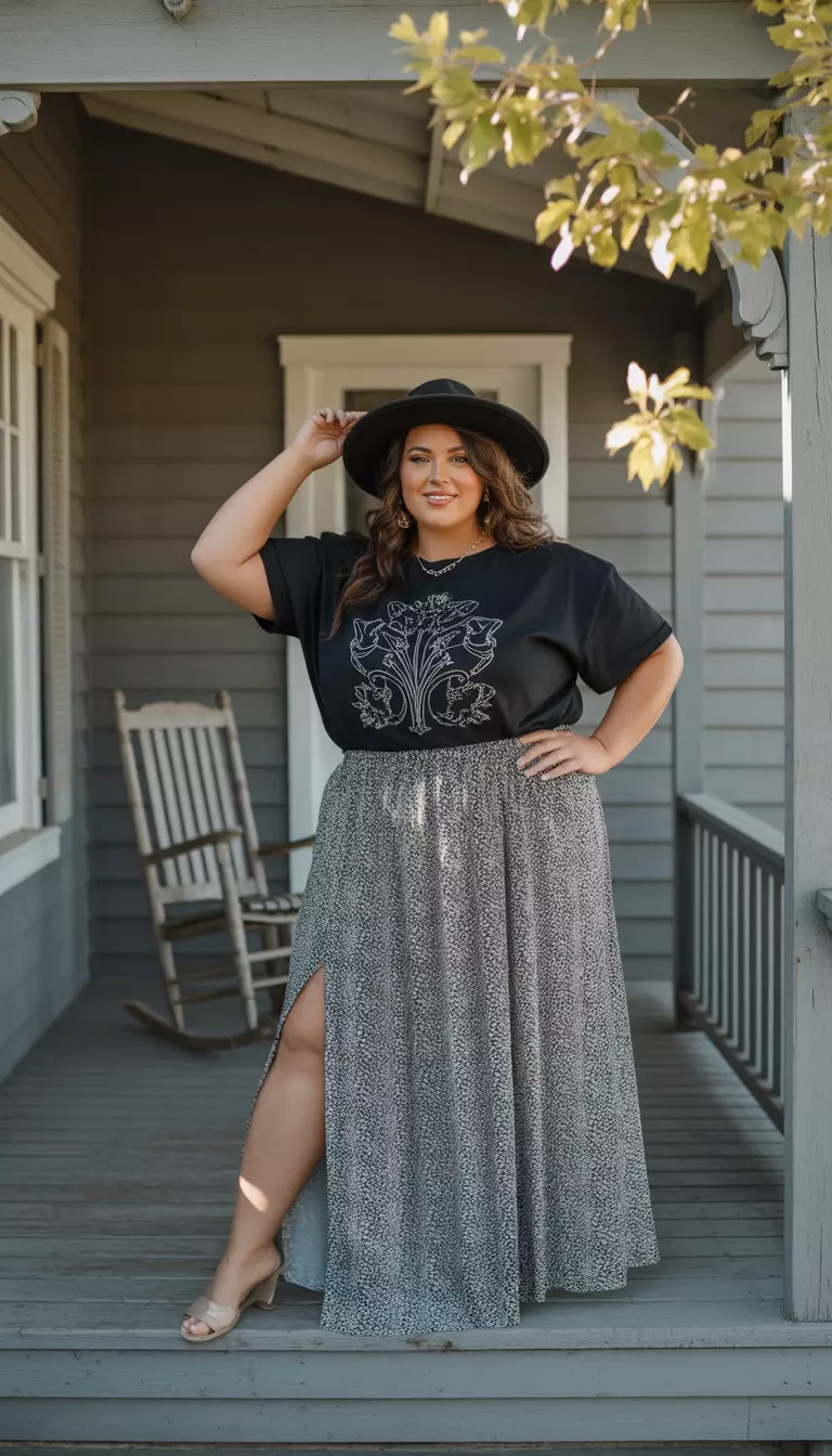 A realistic photo of a plus size woman wearing a black graphic tee, a long gray and white leopard print maxi skirt with a side slit, and a black hat, posing on a rustic wooden porch.