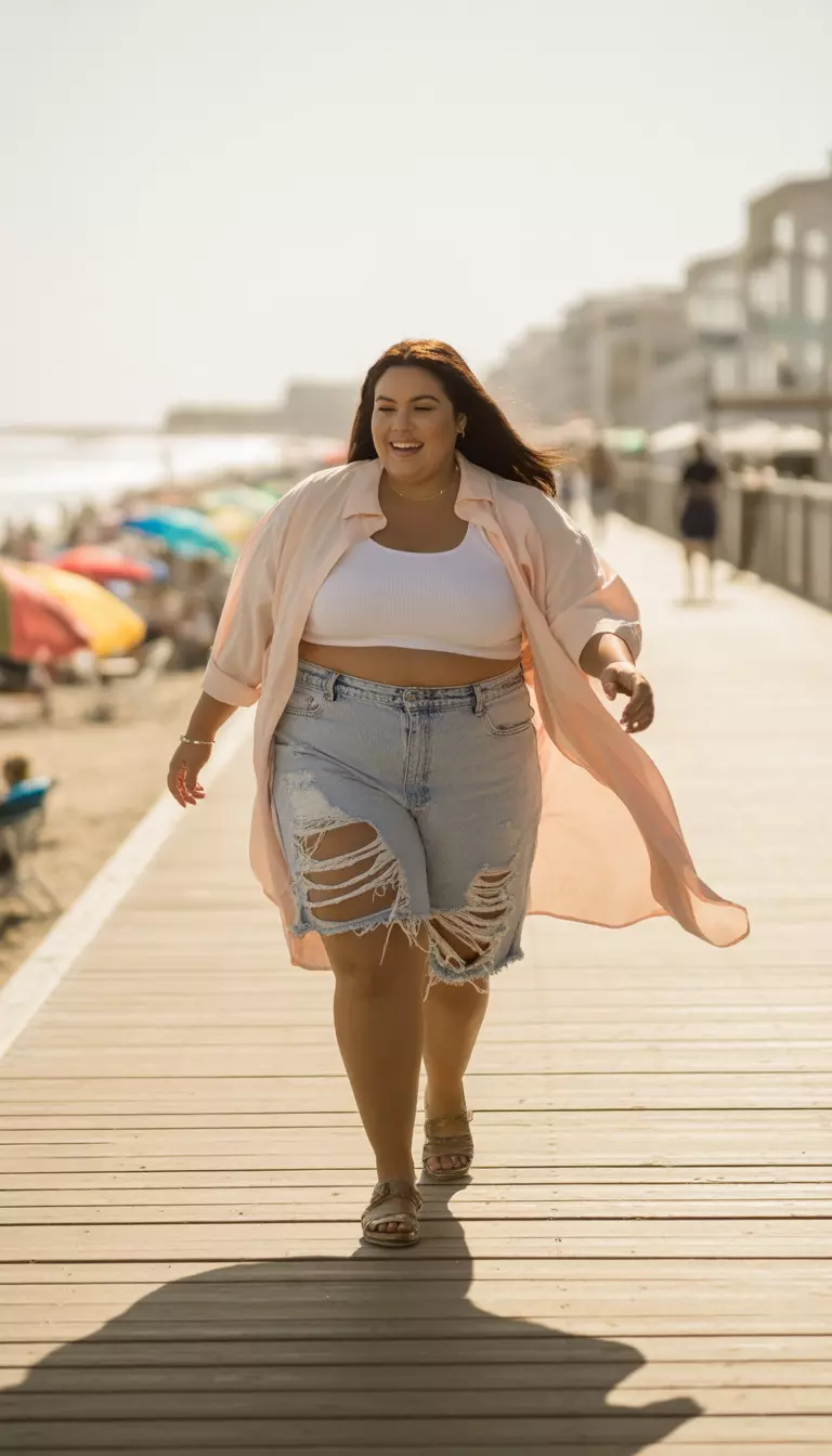 A realistic photo of a plus size woman in a white crop top, heavily distressed light-wash cutoff shorts, and an oversized flowing pale pink collared shirt, walking along a beach boardwalk.