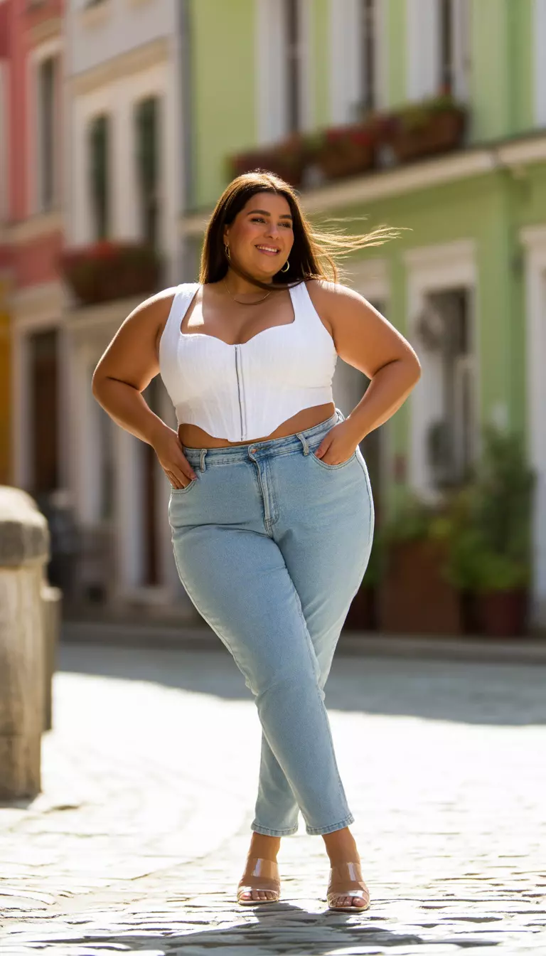 A realistic photo of a plus size woman posing in a white strapless corset-style crop top and high-waisted light wash skinny jeans, complementing the look with clear strap sandals, standing on a cobblestone street.