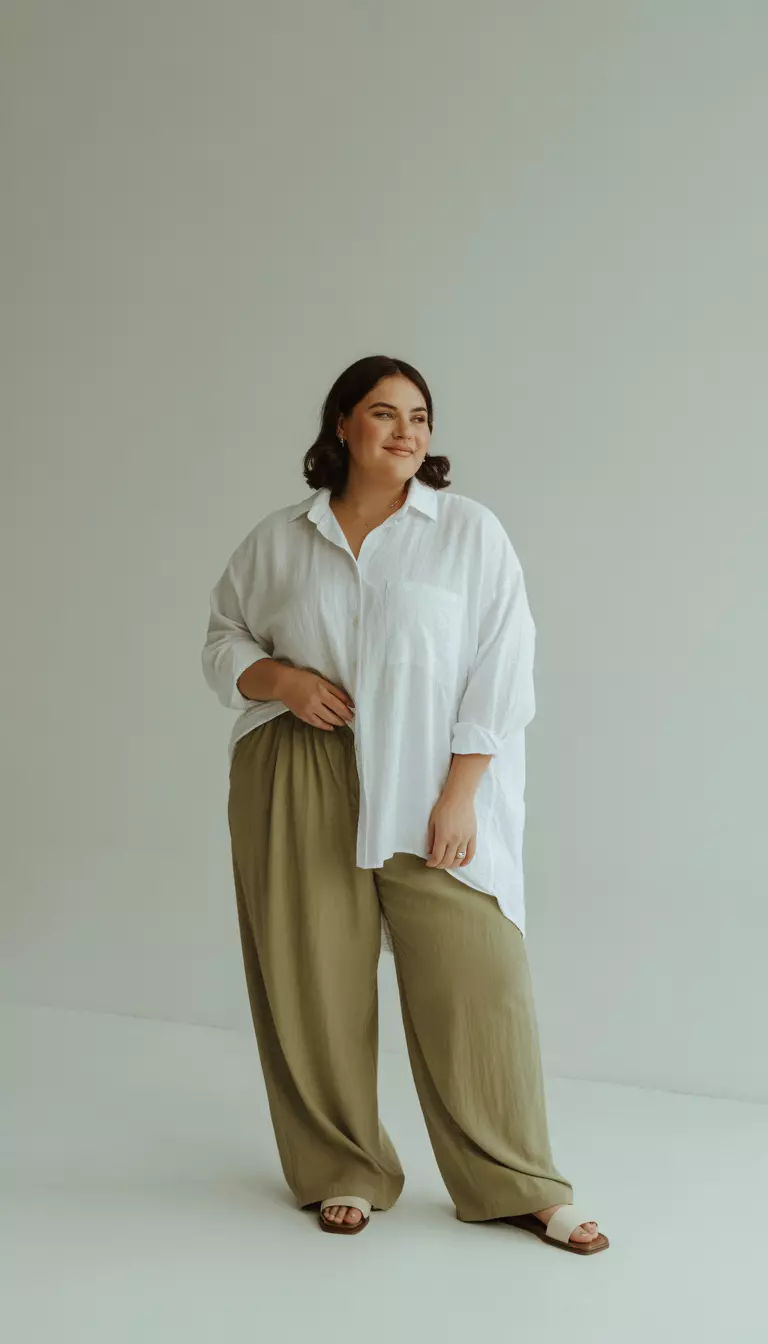 A realistic photo of a plus size woman wearing an oversized white button-down shirt over voluminous olive green wide-leg trousers with brown slide sandals, in a minimalist breezy studio.