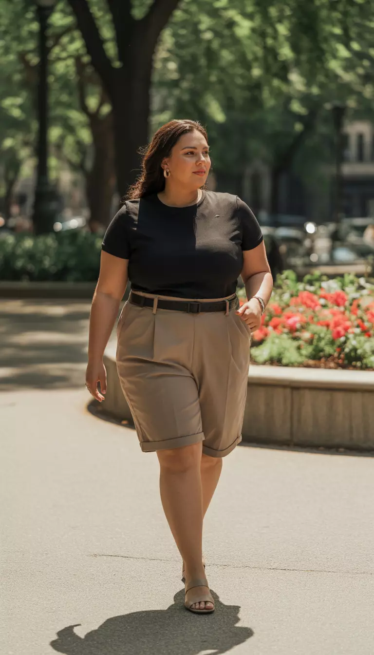 A realistic photo of a plus size woman in a sharp outfit: a fitted black t-shirt with a black belt cinching high-waisted khaki tailored shorts and neutral sandals, walking through a city park.