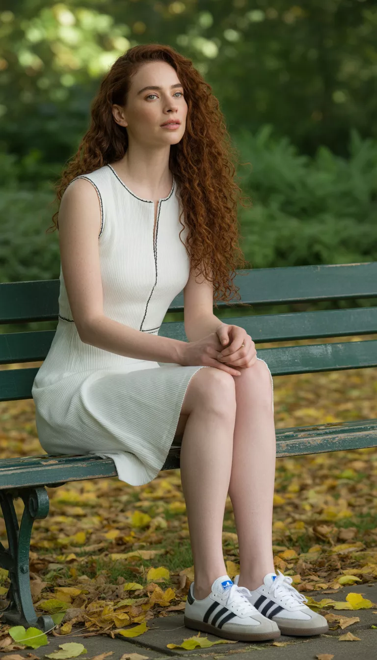 A beautiful woman with long wavy hair in a white sleeveless ribbed mini-dress with black trim, wearing white Adidas Samba sneakers, sitting on a green park bench.
