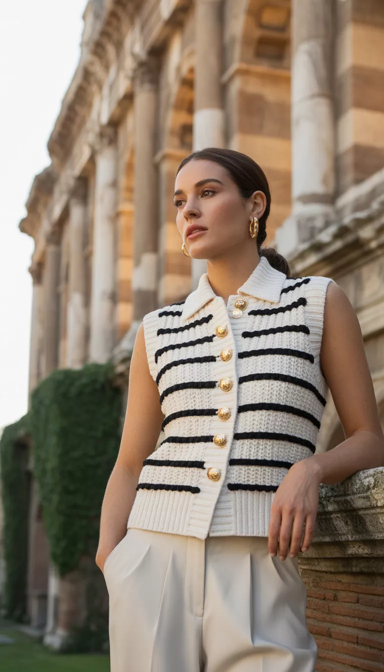 A beautiful woman in a white and black horizontally striped knit vest with gold buttons, high-waisted cream trousers, and gold hoop earrings, posing near monumental stone architecture.