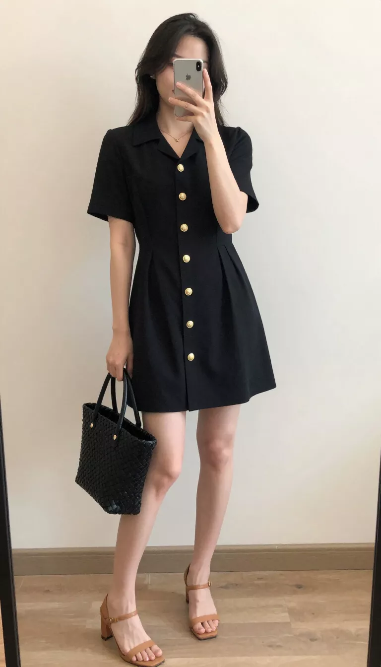 A beautiful woman in a black short-sleeved collared minidress with gold buttons, carrying a woven black basket bag and wearing tan heeled sandals, taking a mirror selfie.