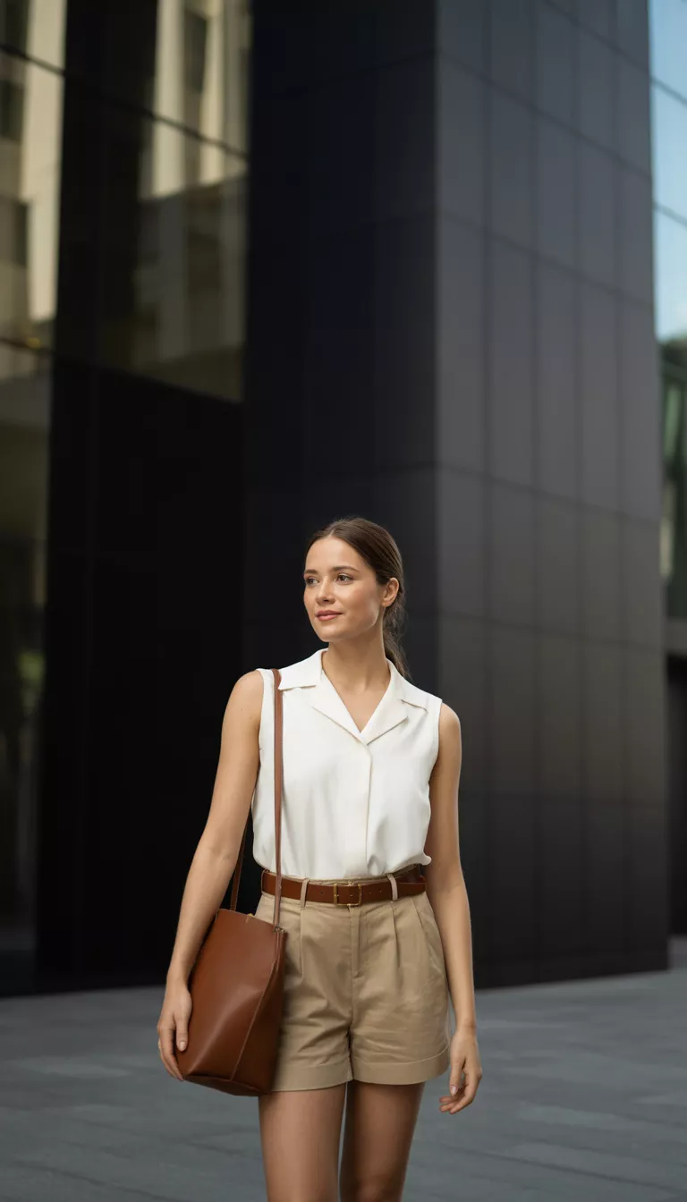 A beautiful woman in a white sleeveless collared top, khaki pleated shorts, a brown leather belt, and a brown leather bucket bag, standing before a dark architectural facade.
