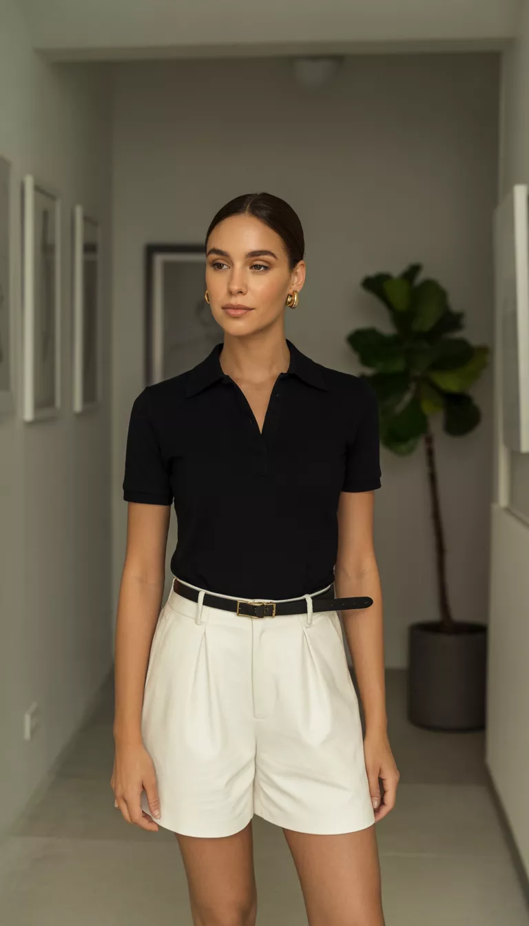 A beautiful young woman in a black collared polo shirt, high-waisted white shorts, a black leather belt with a gold buckle, and gold stud earrings, standing in an indoor hallway.