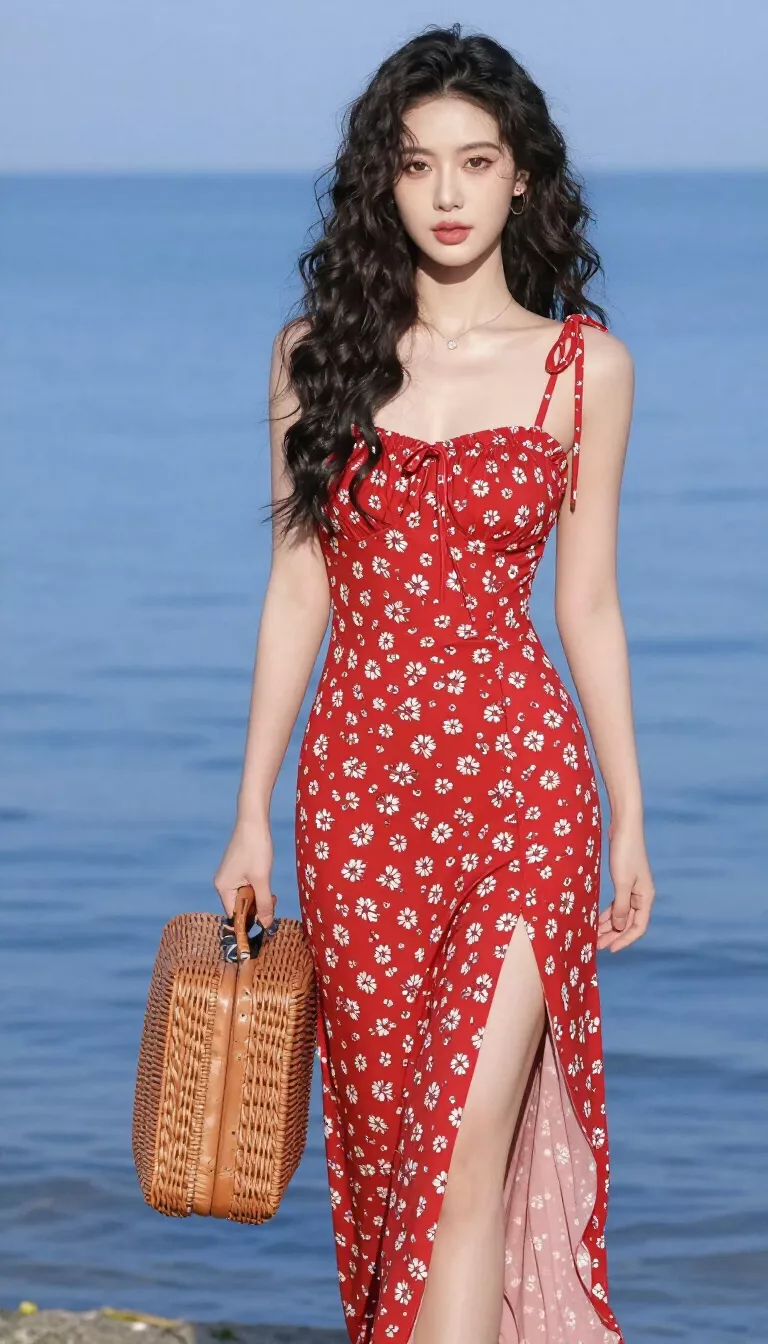 A beautiful woman with long dark curly hair in a red floral print maxi dress with tie straps and a side slit, she holds a wicker suitcase by the blue sea.