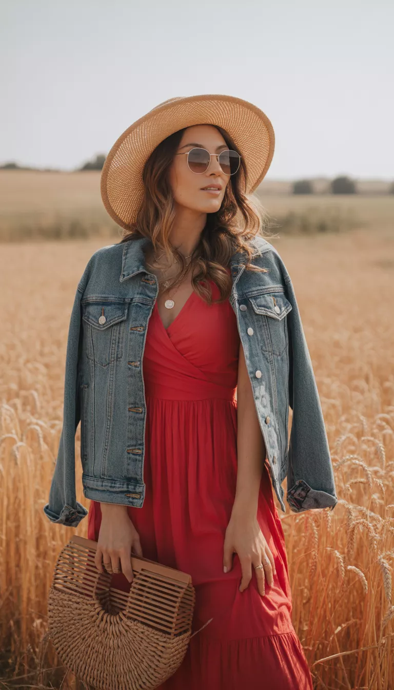 A beautiful woman in a red dress, straw hat, and sunglasses, she stands outdoors with a blue denim jacket draped over her shoulders and carries a woven circular bag.