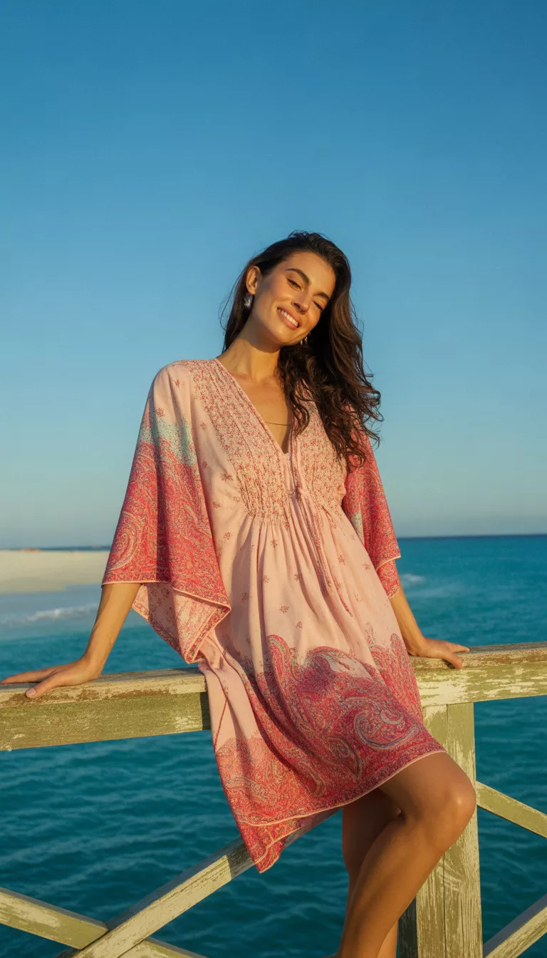 A beautiful woman in a loose short pinkish red paisley print cover up dress with wide sleeves, she poses on a wooden railing overlooking the bright blue ocean.