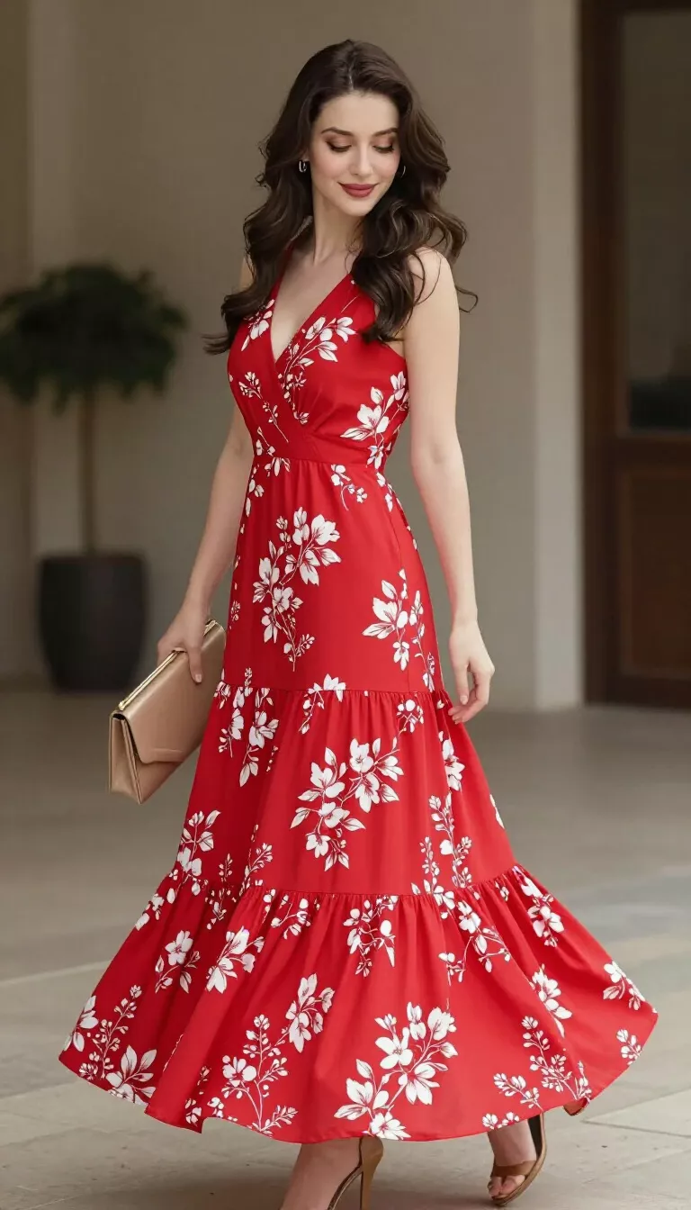 A beautiful woman in a long tiered red maxi dress with a white floral print, she wears a sleeveless V neck and holds a tan clutch while appearing mid twirl in a softly lit indoor area.