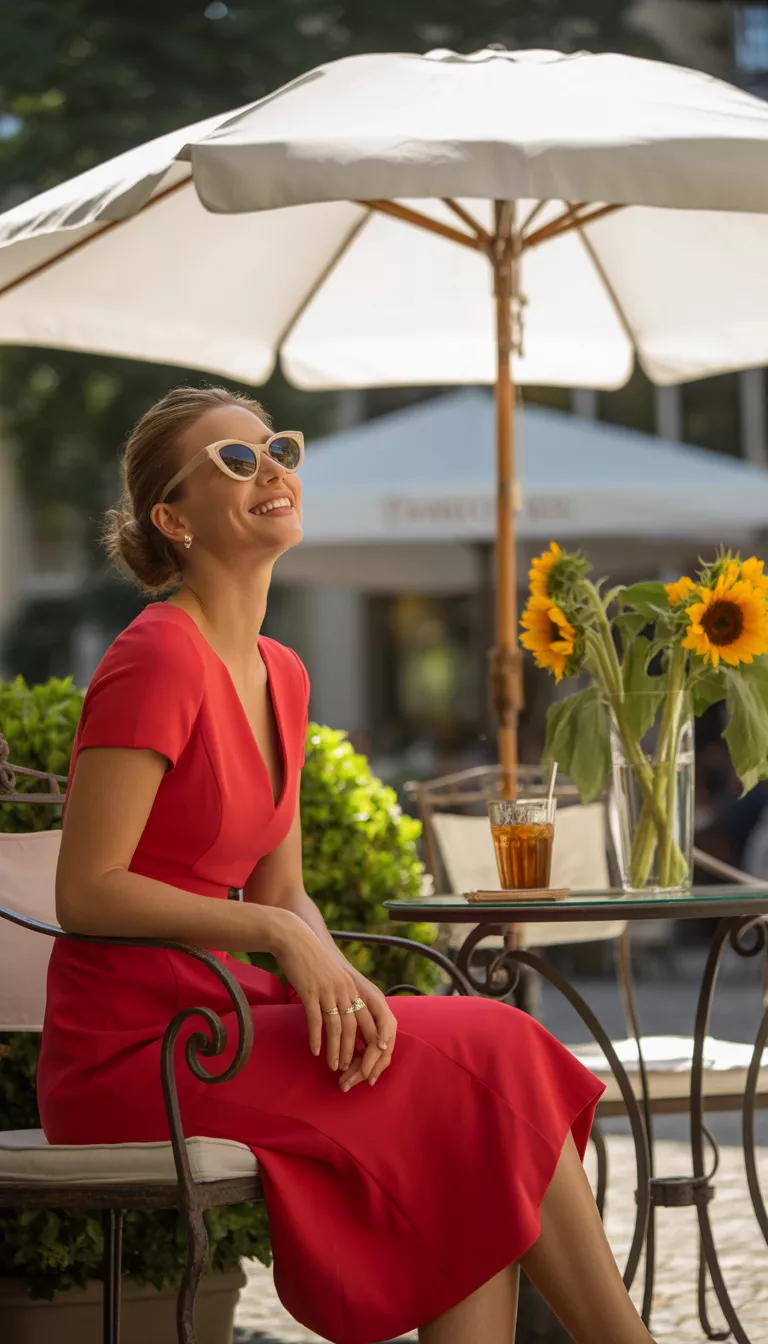 A beautiful woman in a red short sleeved A line dress and cat eye sunglasses, she smiles in an outdoor seating area sheltered by a large white umbrella.