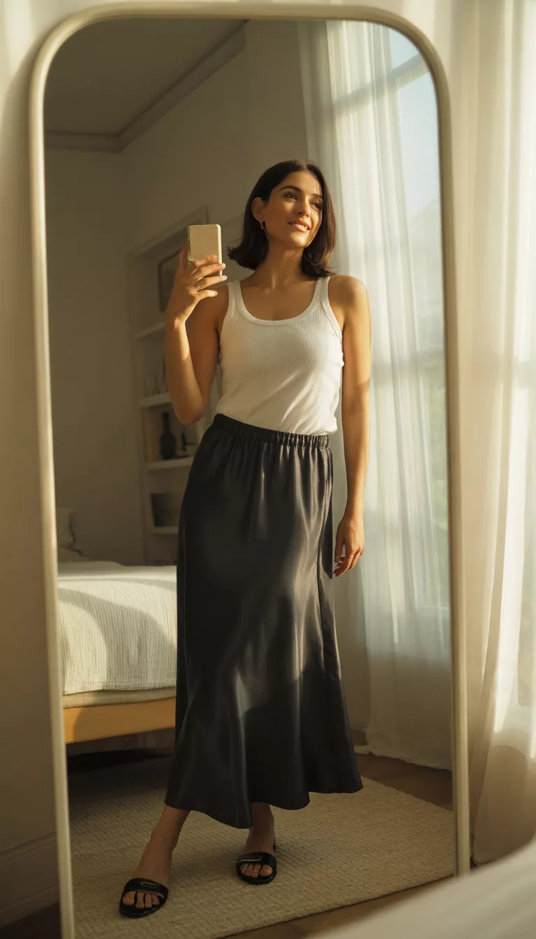 A beautiful woman in a white ribbed tank top and long black satin skirt with black flat sandals, she takes a mirror selfie in a bright room.