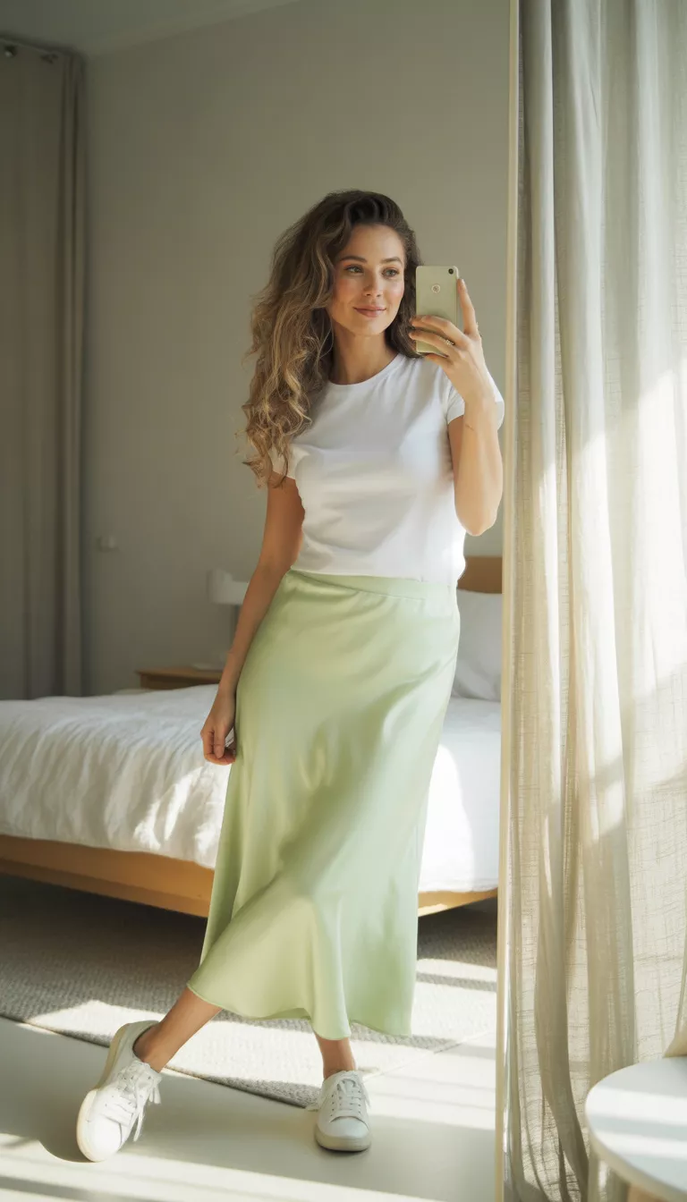 A beautiful woman in a white fitted t-shirt and light sage green satin midi skirt, she wears white sneakers and takes a mirror selfie.