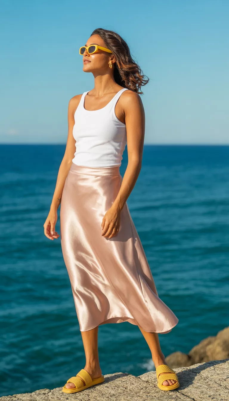 A beautiful woman in a white tank top and blush satin midi skirt, she wears yellow retro sunglasses and yellow woven sandals.