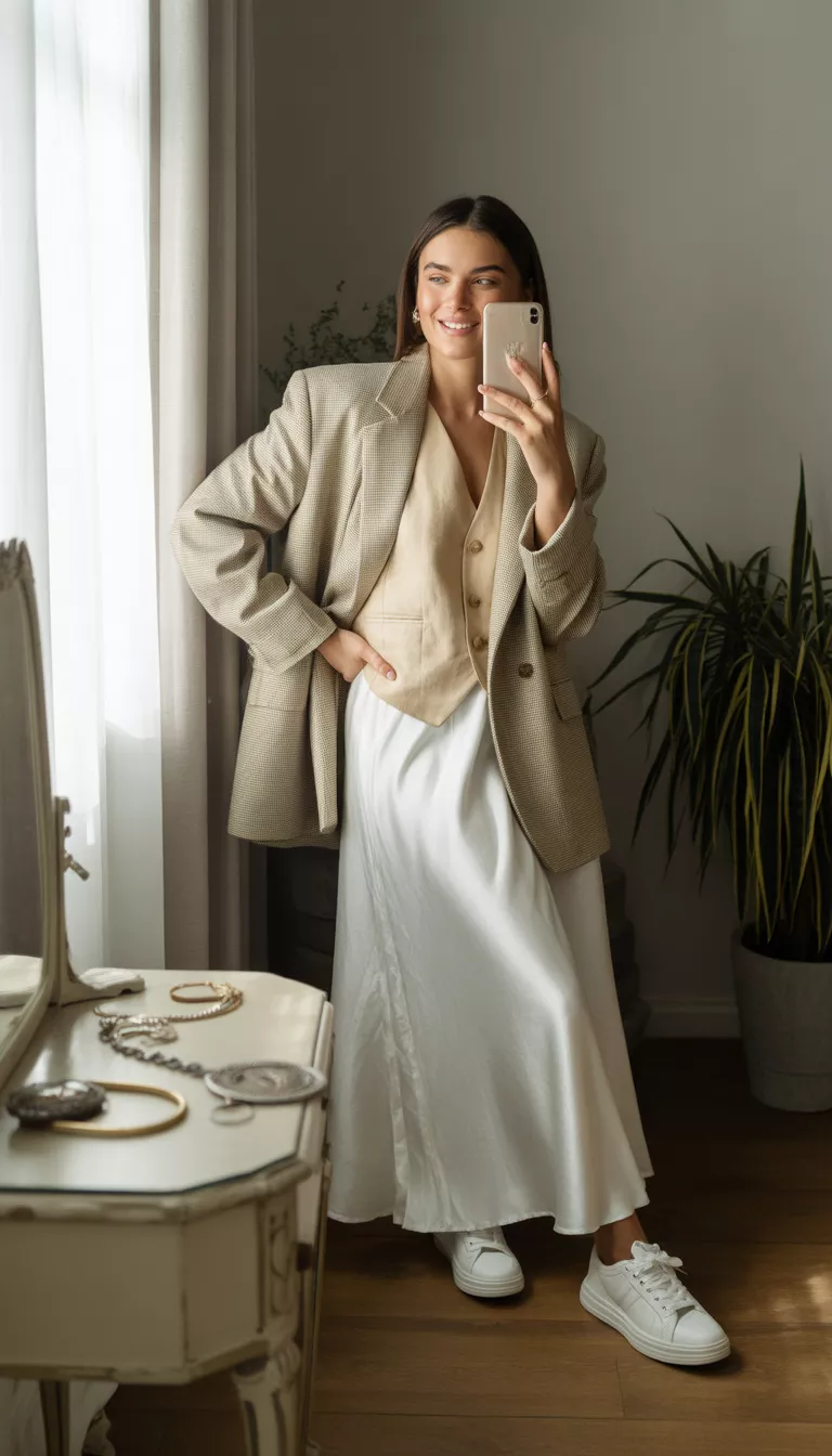 A beautiful woman in a beige blazer, waistcoat, and white satin maxi skirt, she wears sneakers and takes a mirror selfie.