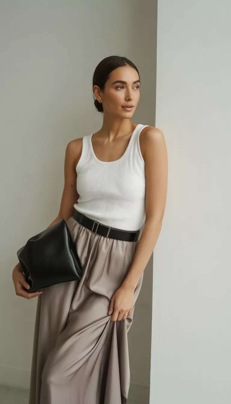 A beautiful woman in a white ribbed knit tank top belted over a long taupe satin skirt, she holds a black bag against a white wall.