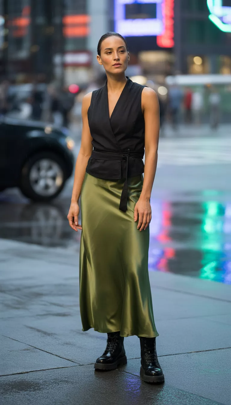 A beautiful woman in a black wrap vest top and olive green satin maxi skirt, she wears black combat boots on a city sidewalk.