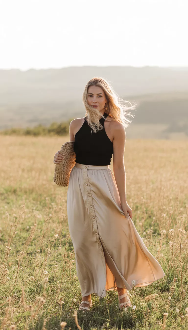 A blonde woman in a black halter top and light champagne satin maxi skirt with button front, she holds a straw bag in a sunny outdoor setting.