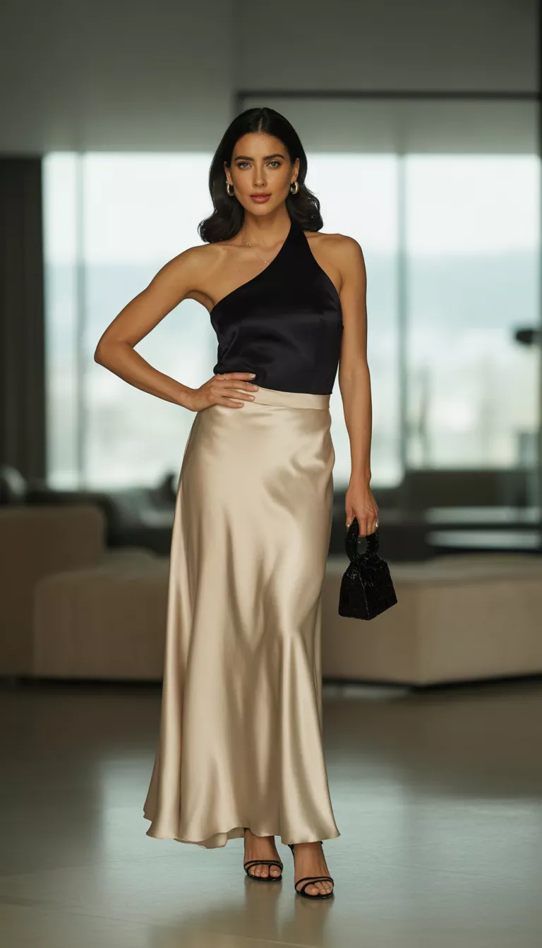 A beautiful woman in a black one-shoulder halter top, champagne satin maxi skirt, and black strappy sandals, she holds a small black bag indoors.