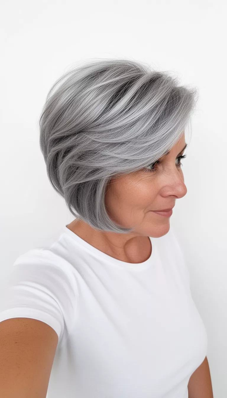selfie of a 49-year-old woman wearing a simple white t-shirt with a silver and grey ombre colored voluminous, stacked bob hairstyle, side profile, white background.