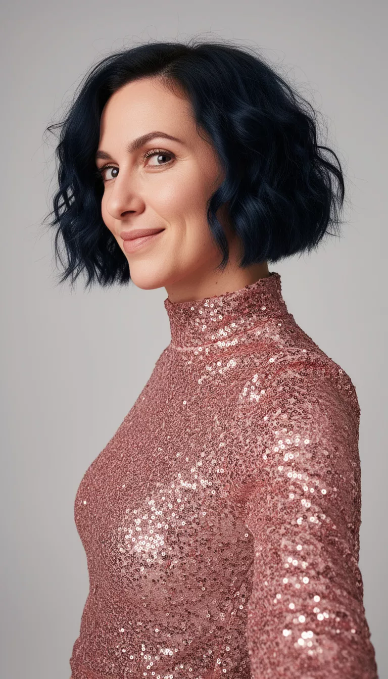 selfie of a 36-year-old woman wearing a glittering pink rose gold sequined high-neck top with a dark blue-black colored short, wavy hairstyle, side-view, studio setting.