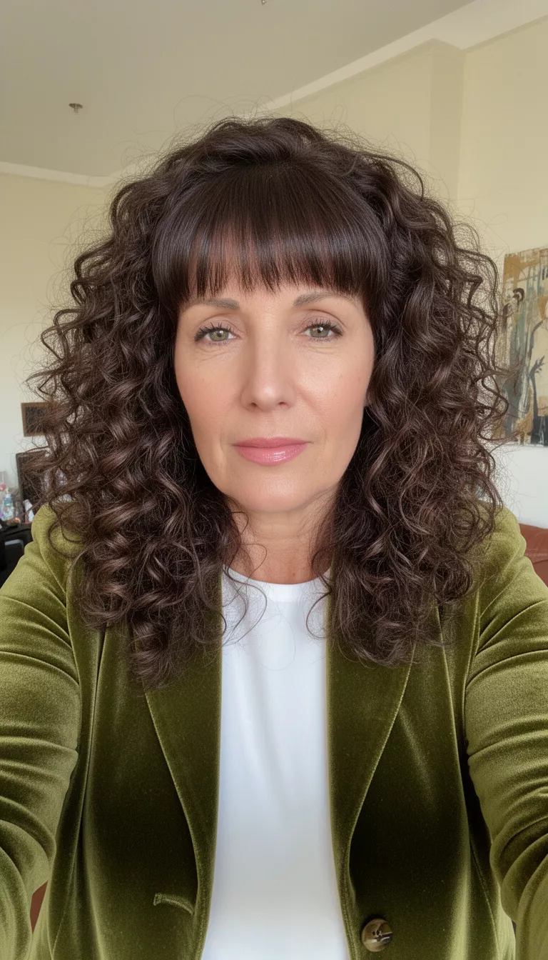 selfie of a 40-year-old woman wearing an olive green velvet jacket over a white top with a dark brown colored voluminous curly hair and bangs hairstyle, front view, indoor setting.