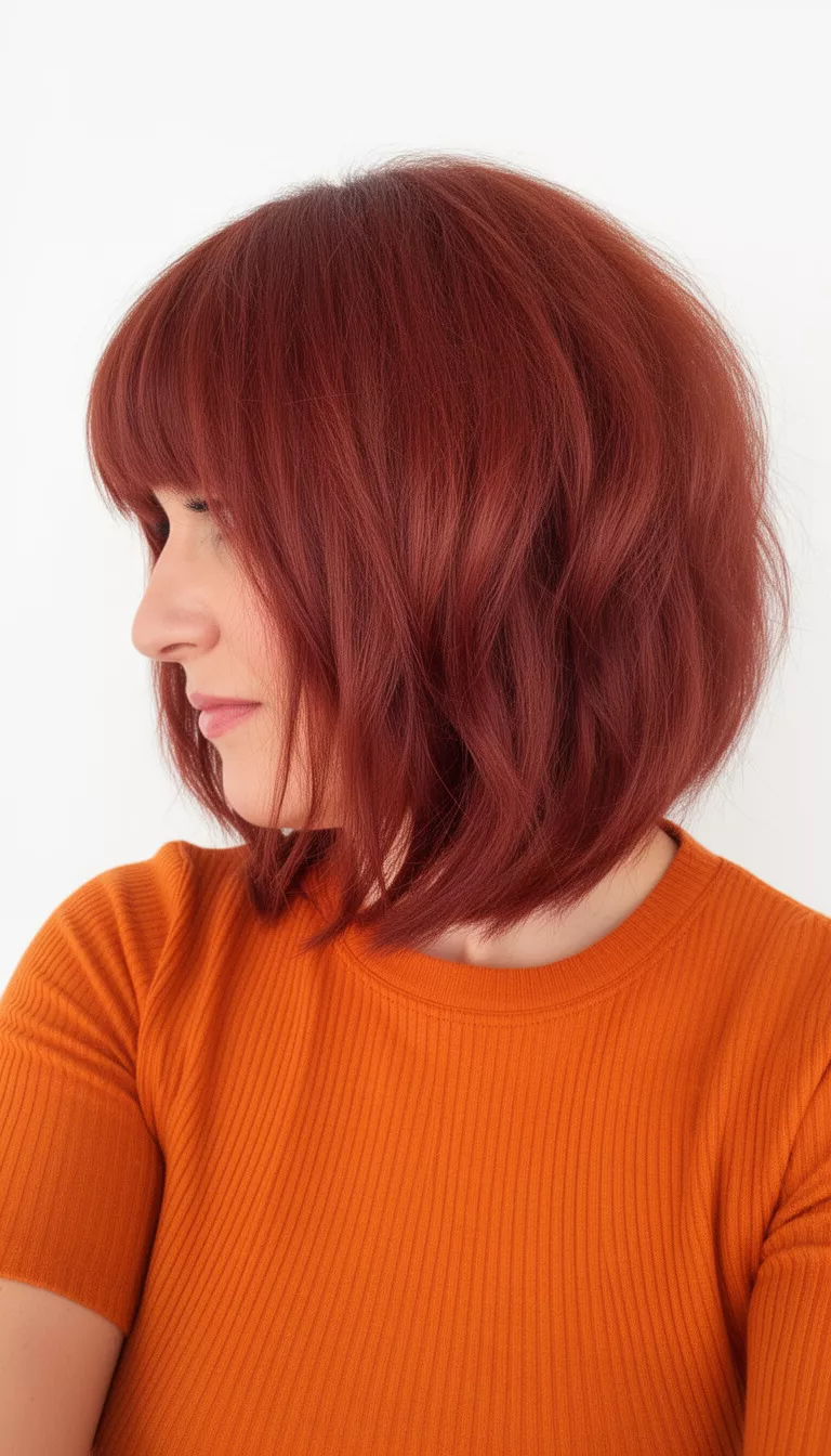 selfie of a 37-year-old woman wearing an orange ribbed top with a reddish-brown colored voluminous, layered bob with long curtain bangs hairstyle, side profile, white background.