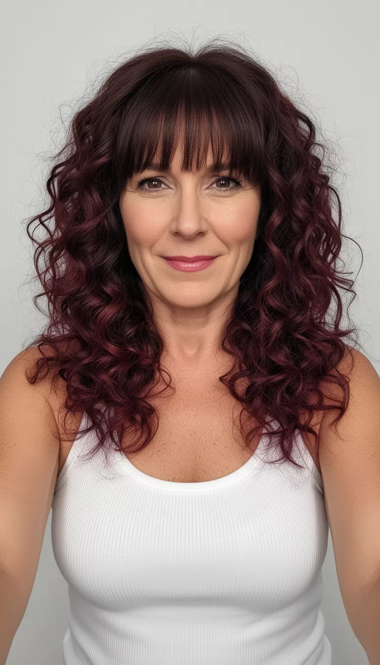 selfie of a 45-year-old woman wearing a white ribbed tank top with a dark brown and burgundy colored voluminous, curly hair with bangs hairstyle, front view, studio setting.