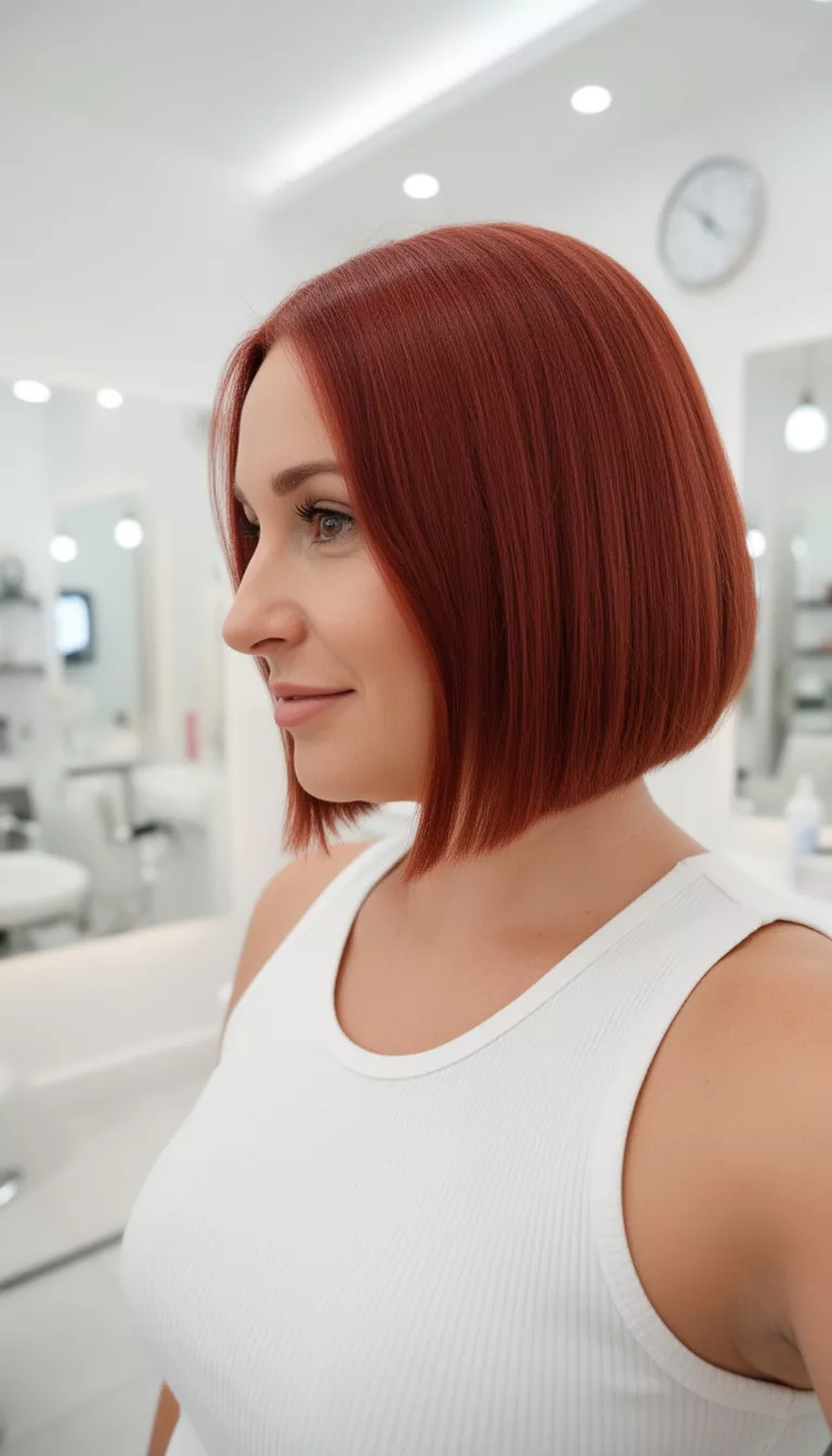 selfie of a 38-year-old woman wearing a white ribbed tank top with a reddish-brown colored sleek bob hairstyle, side profile, bright salon-like background with subtle lighting effects.