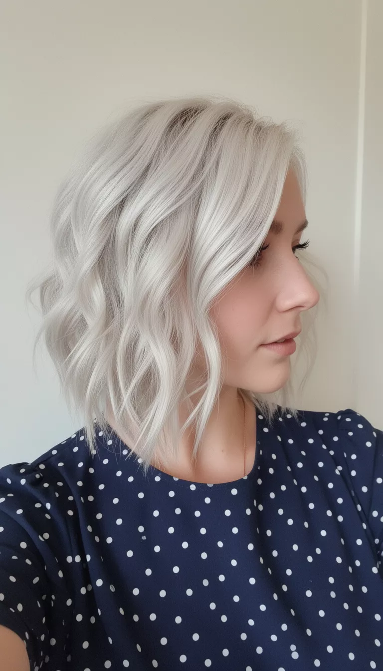 selfie of a 27-year-old woman wearing a dark blue polka-dot top with a platinum blonde colored choppy, wavy shoulder-length hairstyle, side profile, soft, light background.
