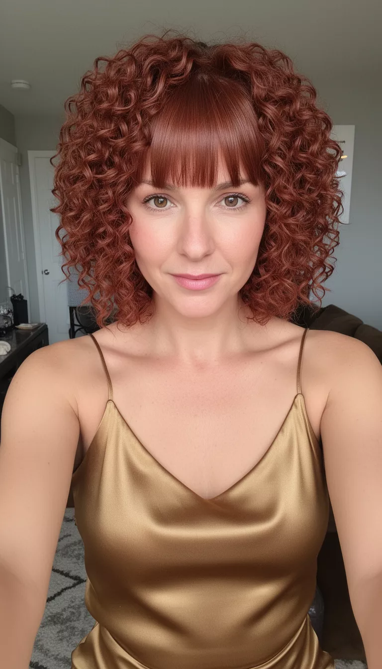 selfie of a 39-year-old woman wearing a satin bronze gold spaghetti strap top with a reddish-brown colored voluminous corkscrew curls with bangs short hairstyle, front view, indoor setting.